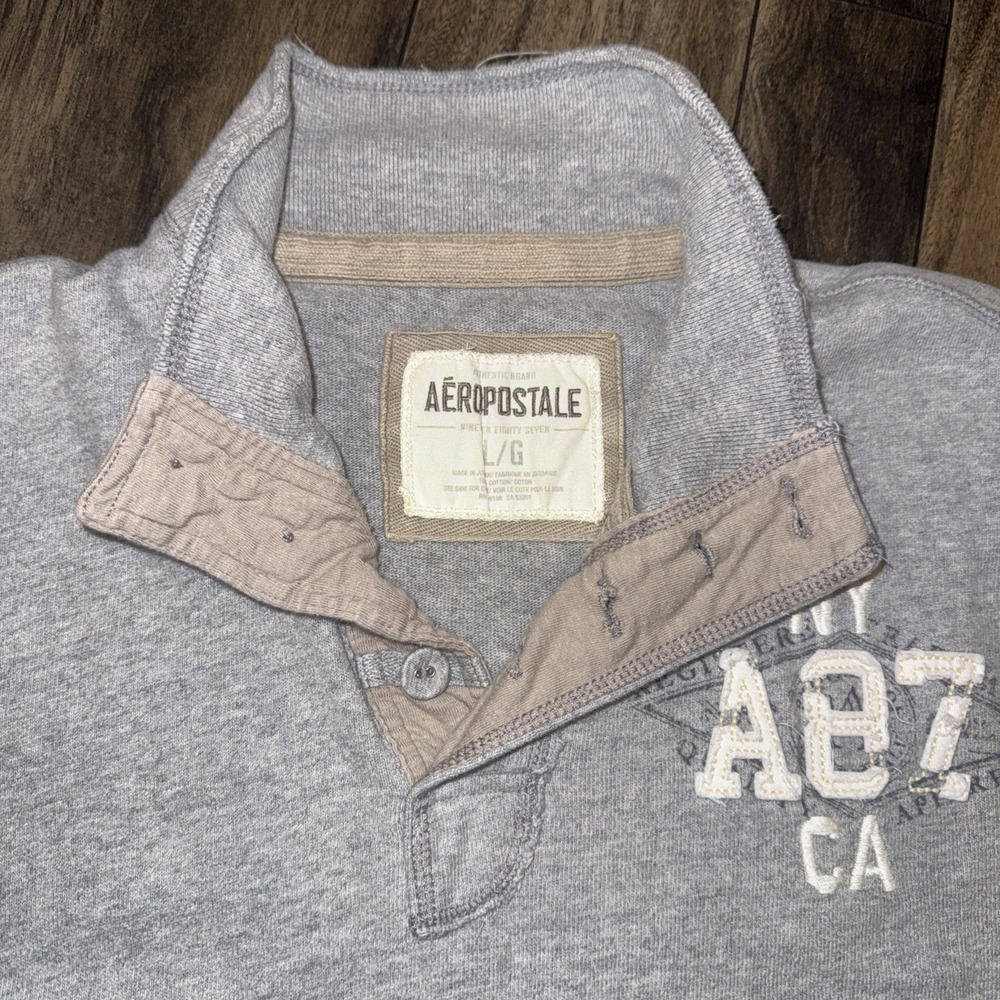 Aeropostale Men's 1/4 Button Y2K Style 100% Cotton Grey High Neck Pullover SZ LG - Picture 5 of 9